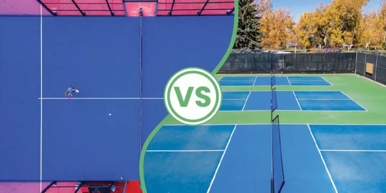 An aerial view of a padel court and a long shot of multiple pickleball courts in a side-by-side image with a "VS" graphic between them