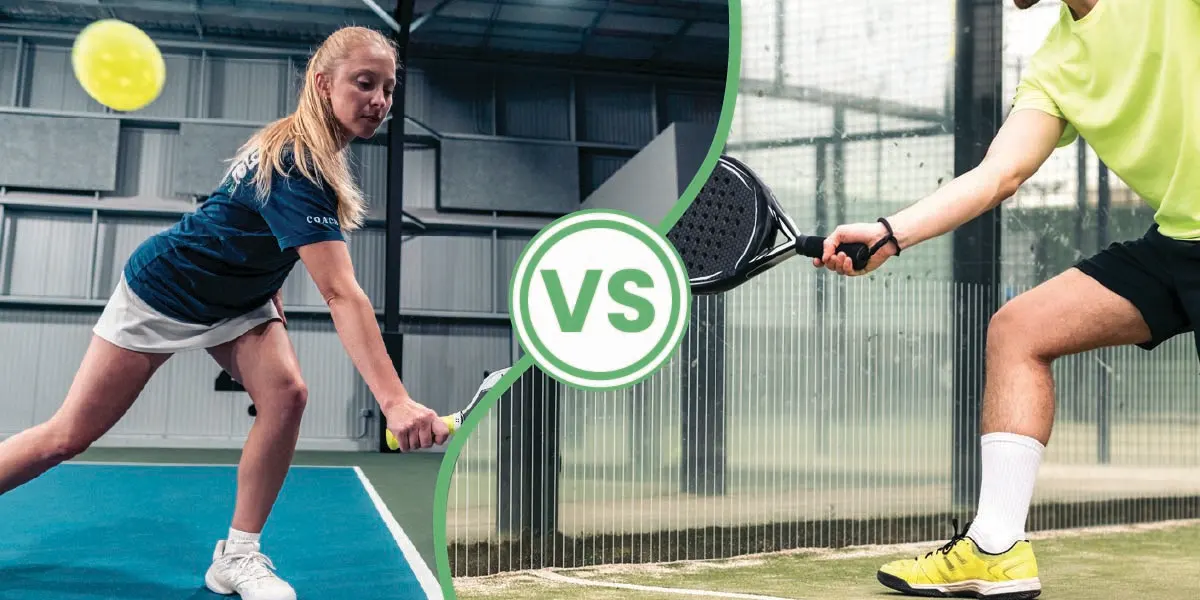A woman pickleball player and a male padel player on either side of a "VS" graphic.