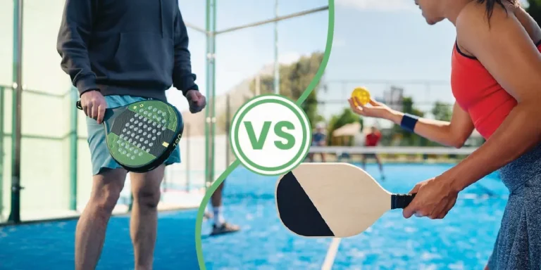 A man holding a padel racket and a woman holding a pickleball padel and ball in a side-by-side image with a "VS" graphic between.