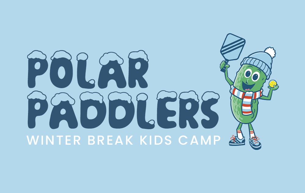 A graphic title card for the Polar Paddlers winter break kid's camp hosted by Friendly Pickle.